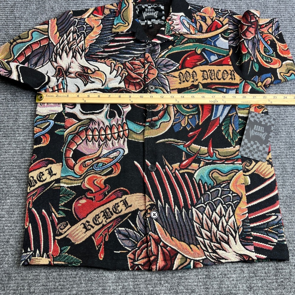 Rebel Vengeance Mens Tapestry Tattoo Print Button Down Shirt Skull Eagle Black M - Picture 6 of 7